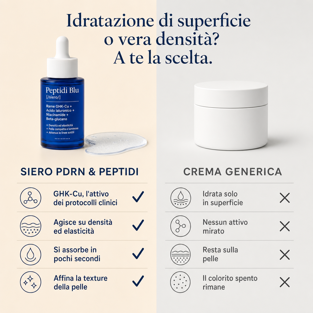 Infografica comparativa divisa: il siero PDRN con attivi mirati da una parte, una crema generica con sola idratazione superficiale dall'altra