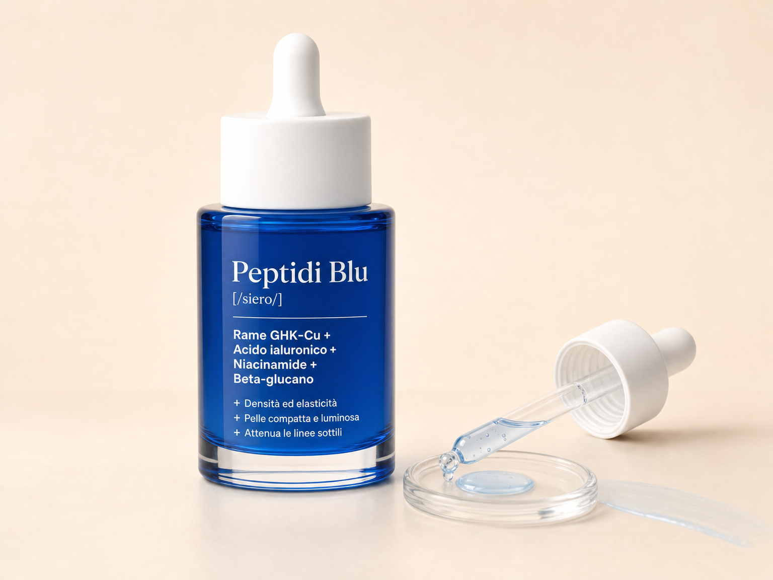 Foto studio del flacone del siero PDRN e peptidi con contagocce