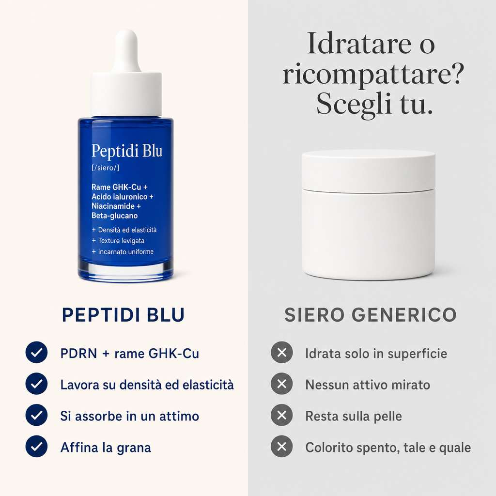 Infografica di confronto tra il siero al PDRN e peptidi di rame e un siero idratante generico