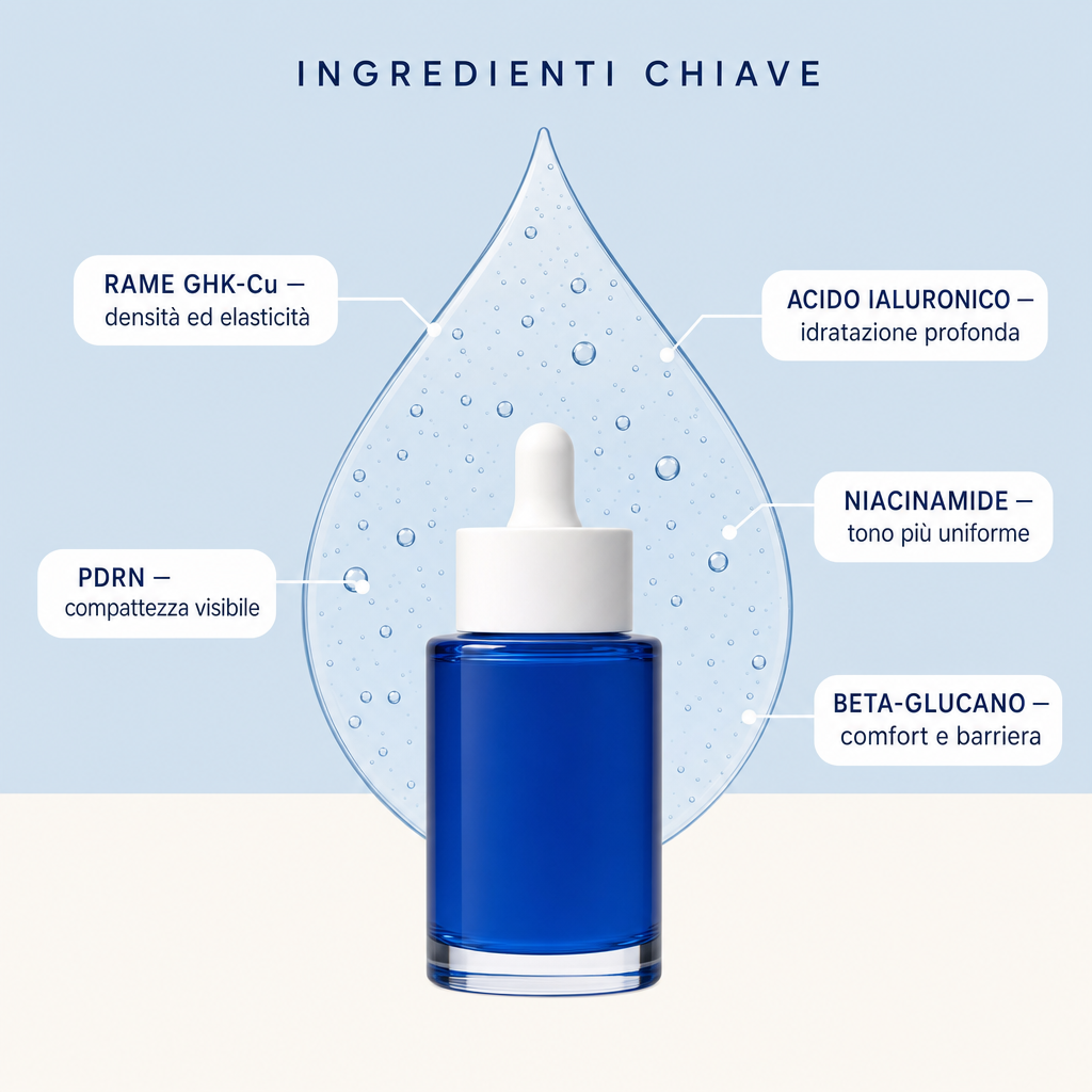 Pannello dei cinque attivi della formula: PDRN, rame GHK-Cu, acido ialuronico, niacinamide, beta-glucano