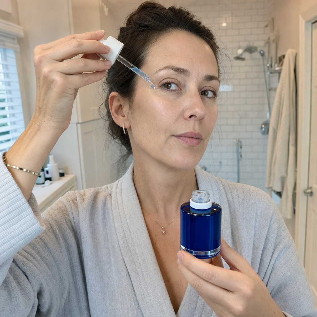 Donna che applica il siero durante la routine del mattino, prima del trucco