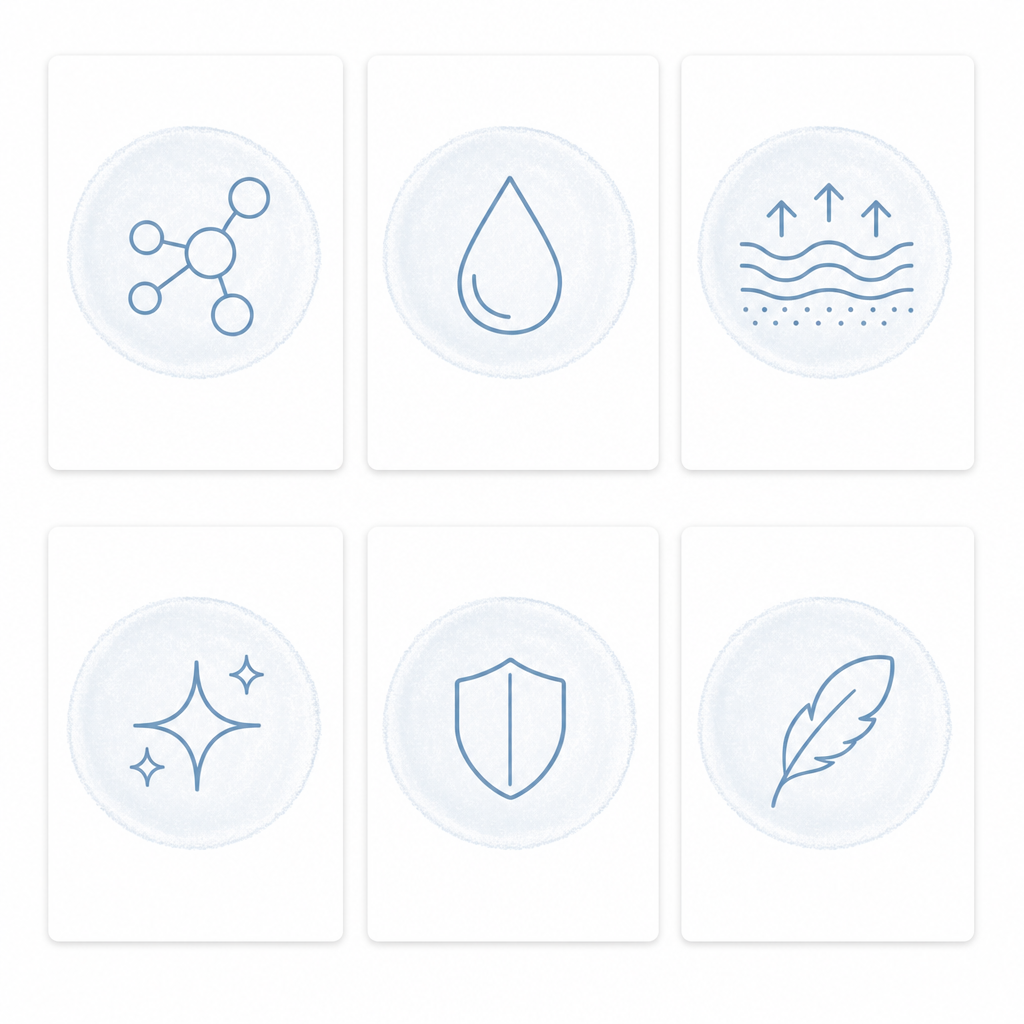 Sei icone circolari azzurre dei criteri di scelta: peptide, idratazione, tono, formula, delicatezza, texture