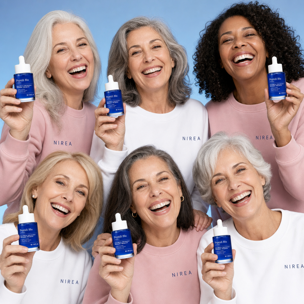 Sei donne sorridenti tra i 55 e gli 80 anni, con capelli argento, ognuna con in mano un flacone del siero, su fondale azzurro cielo